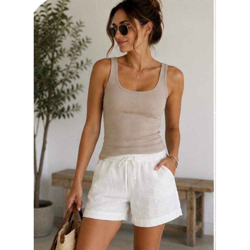 Athleta Linen Creston Shorts White Drawstring Ribbed Waist 438895 Women Size 10